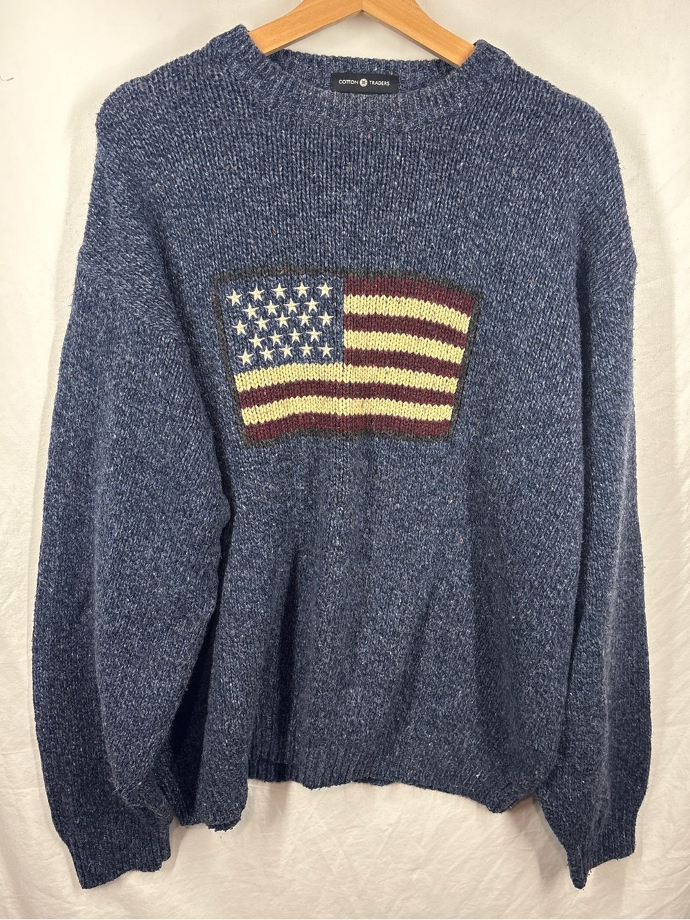 Cotton Traders American Flag Chunky Knit Sweater XL Ramie Wool Blend